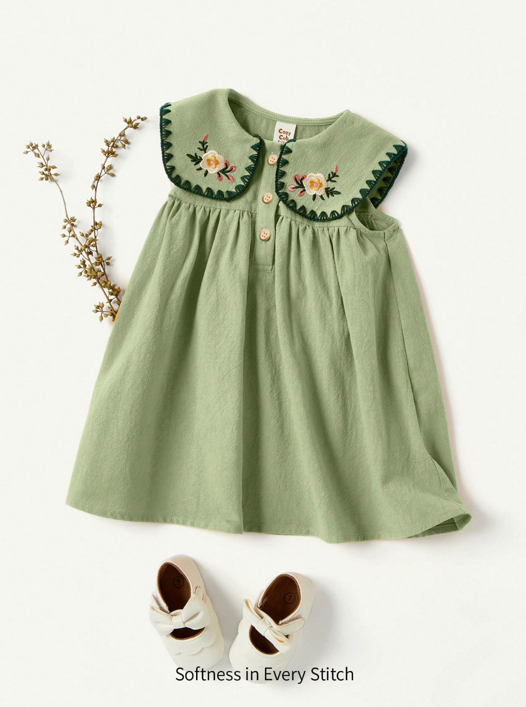 Baby Girl Floral Embroidered Sleeveless Dress With Sailor Collar And Front Buttons