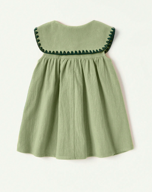 Baby Girl Floral Embroidered Sleeveless Dress With Sailor Collar And Front Buttons