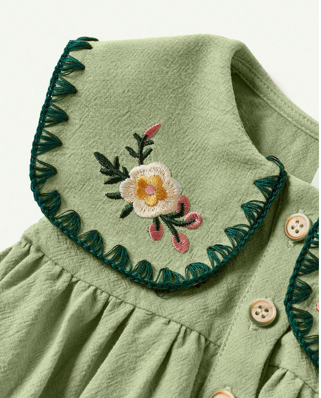 Baby Girl Floral Embroidered Sleeveless Dress With Sailor Collar And Front Buttons